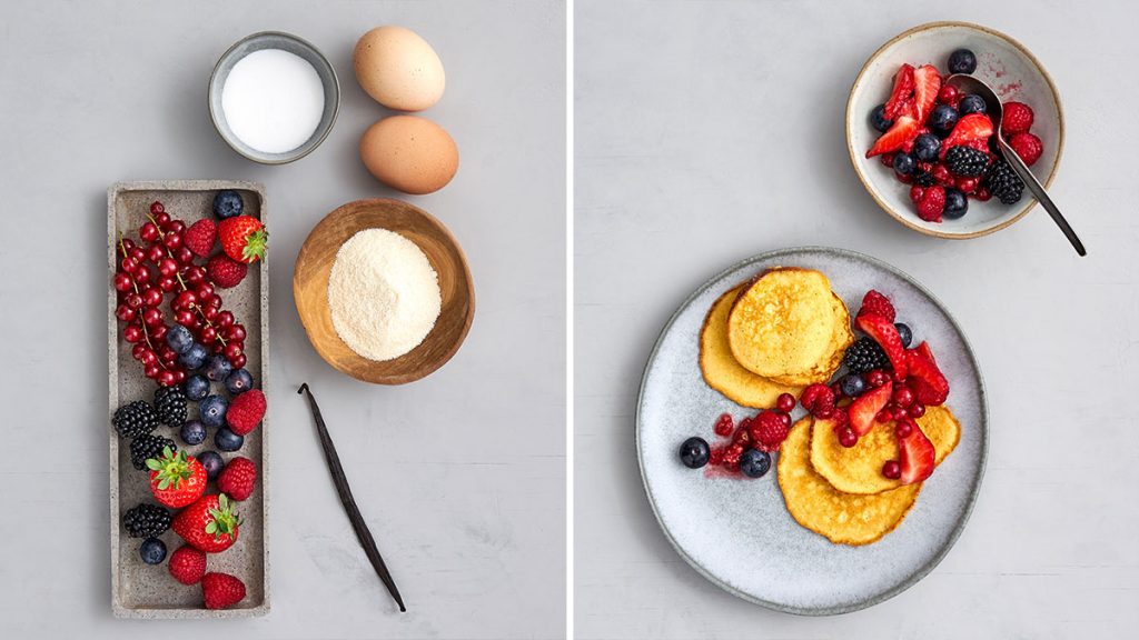 Schnelles und einfaches Rezept für Pancakes mit Beeren. Gesund und RESET geeignet.