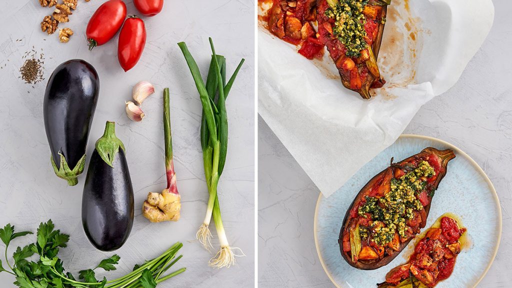 Veganes Rezept für geschmorte Aubergine aus dem Ofen. Gesund und RESET geeignet.