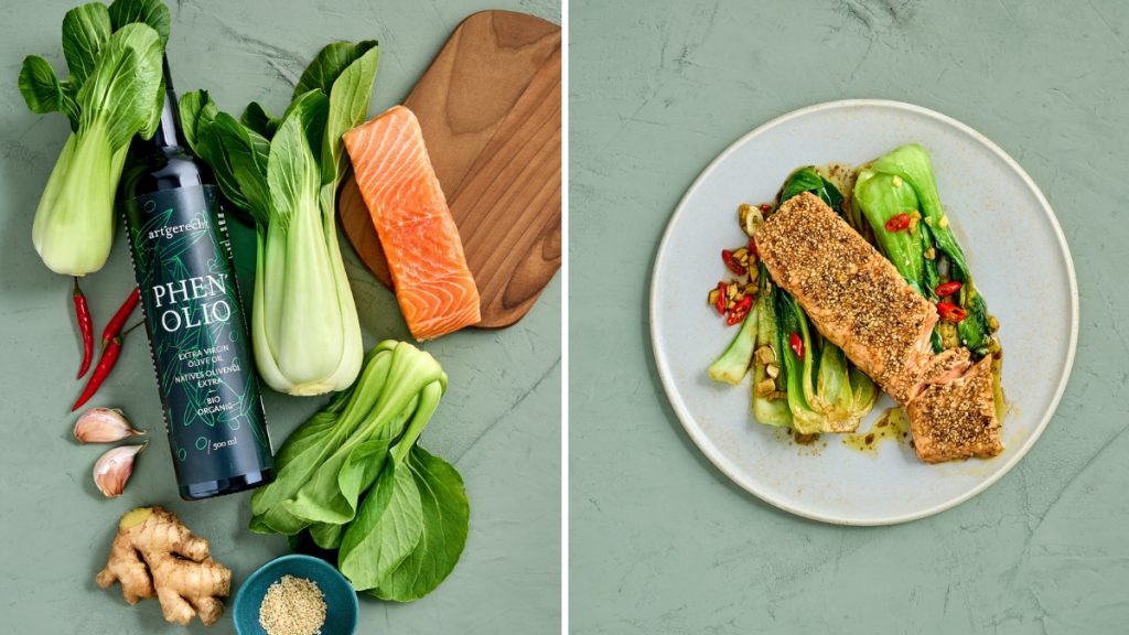 Marinierter Lachs mit Pak Choi vorher-nachher