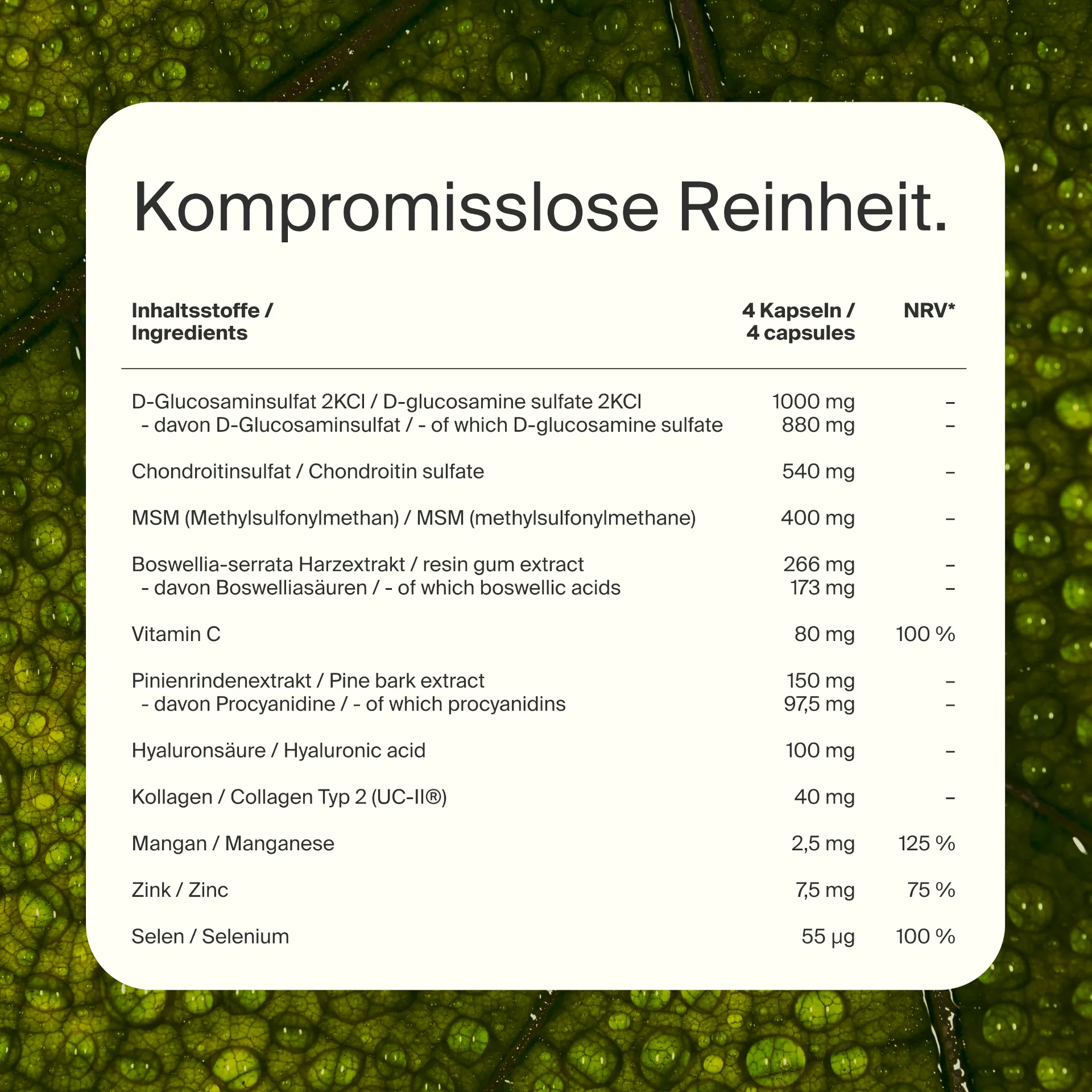 Artgerecht Gelenk Komplex Inhaltsstoffe mit Glucosamin, Chondroitin, MSM, Hyaluronsäure und Kollagen Typ II UC-II®
