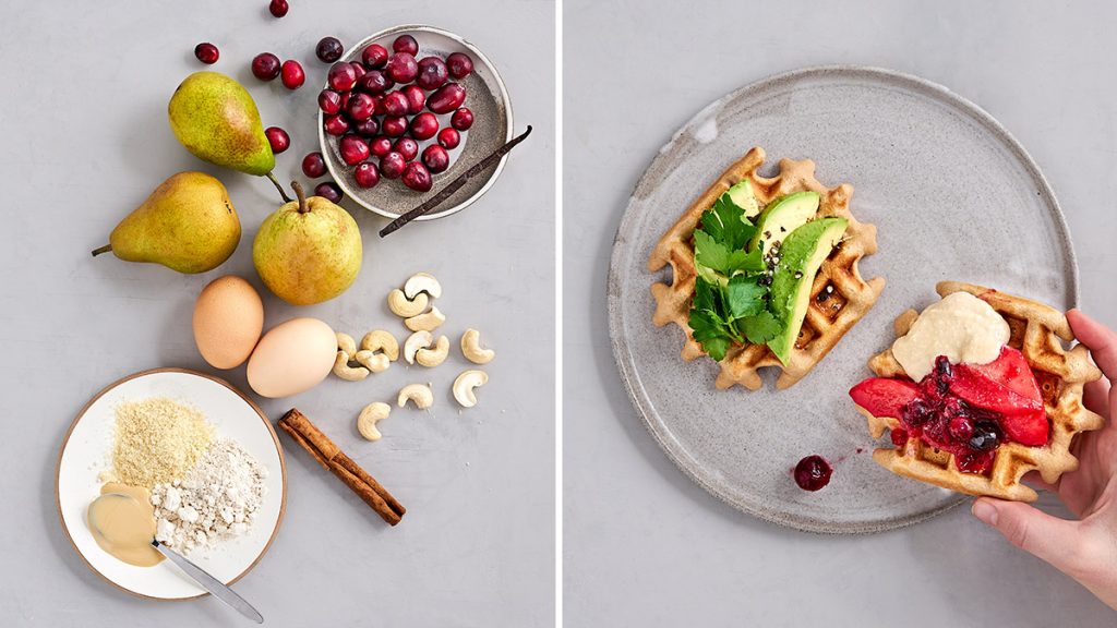 Schnelles und einfaches Rezept für glutenfreie Waffeln mit Cranberry-Birnen-Kompott und Cashew-Sahne. RESET geeignet.