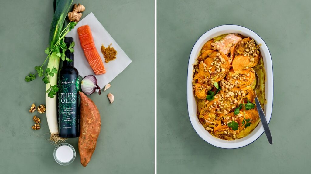 Rezept Lachs-Süßkartoffel-Auflauf vorher-nachher