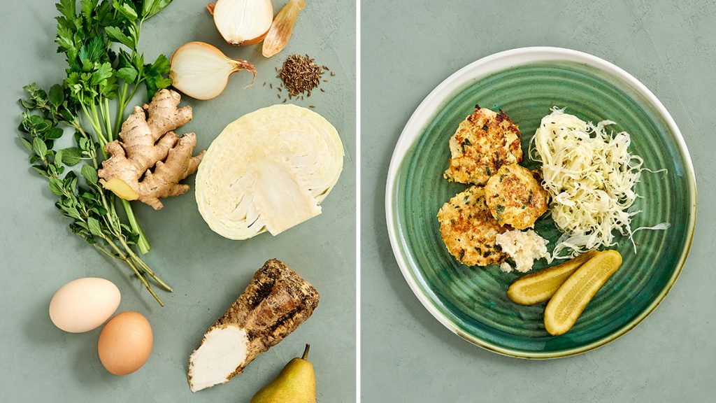 Hühnerfrikadellen mit Krautsalat und Meerrettich. Ein einfaches aber raffiniertes Rezept. Gesund und für die ganze Familie.