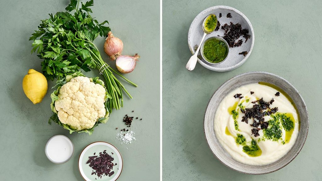 Einfaches und schnelles Rezept für eine raffinierte Blumenkohlsuppe mit Dulse-Algen & Petersilien-Öl. Vegan, glutenfrei und RESET geeignet.