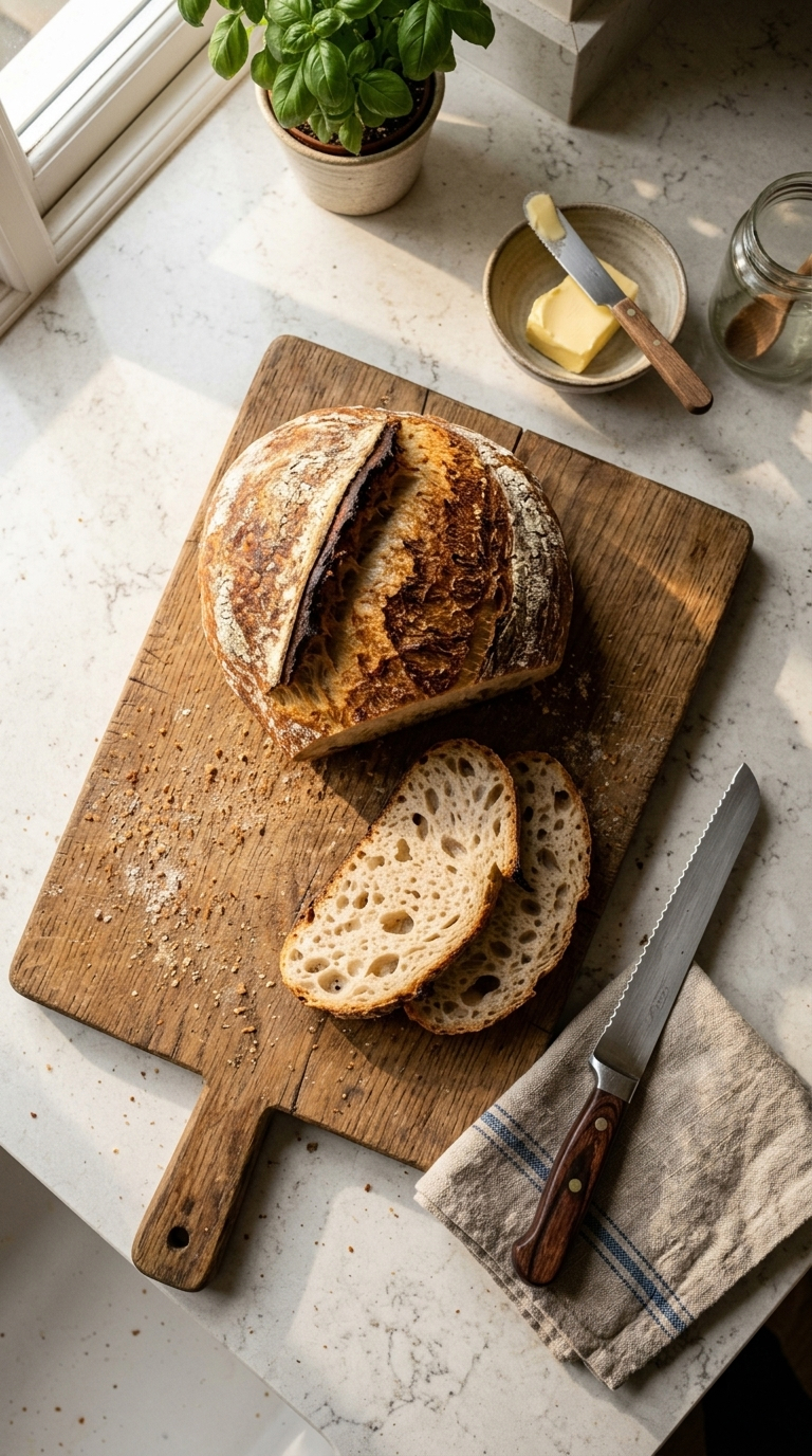 Selbst gebackenes Sauerteigbrot aus Dinkel- und Dinkelvollkornmehl mit knuspriger Kruste und lockerer Krume.