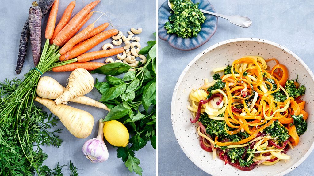 Schnelles Rezept für Gemüsespaghetti mit Pesto. Vegan und RE'SET geeignet.