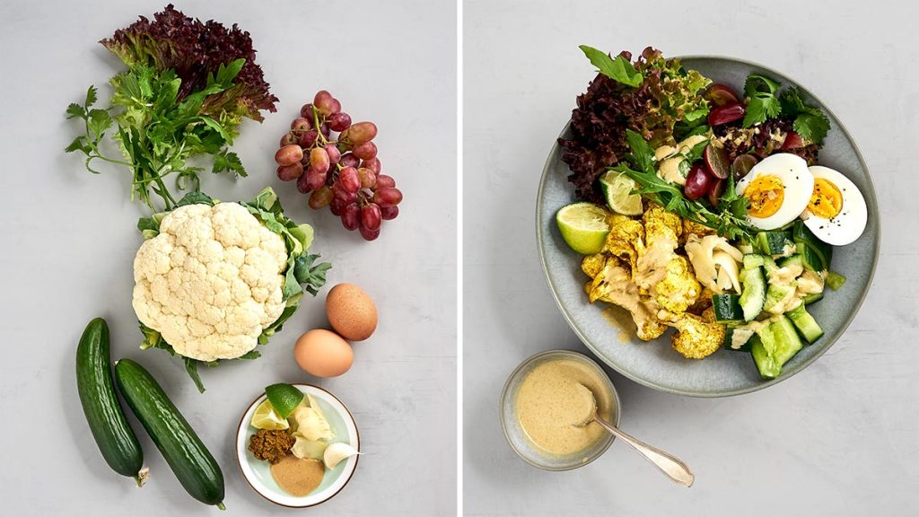 Einfaches und schnelles Rezept für eine roasted Cauliflower mit gebratenem Blumenkohl, marinierten Gurken und Tahini-Sauce. RESET geeignet.