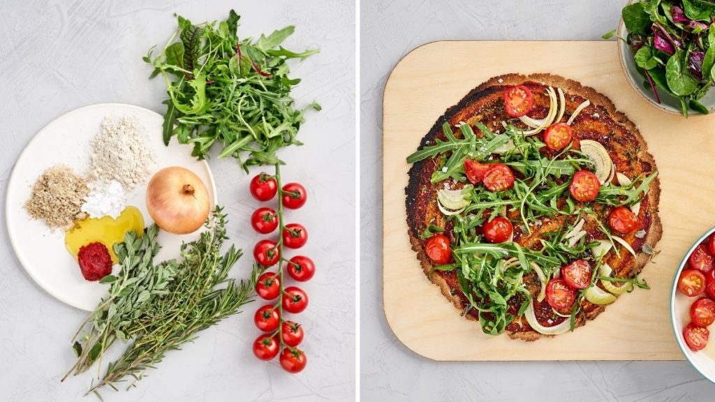 Rezept für artgerechte Pizza mit Rucola, Tomaten und Salat.