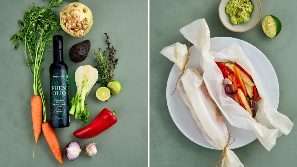 Rezept Gemüsepäckchen aus dem Ofen mit Guacamole vorher-nachher