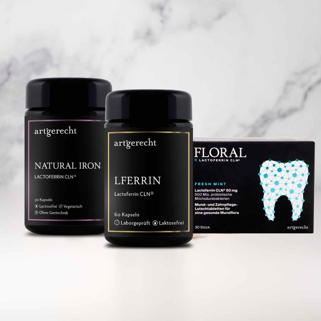 Unsere Lactoferrin Produkte NATURAL IRON, FLORAL und Lactoferrin CLN®