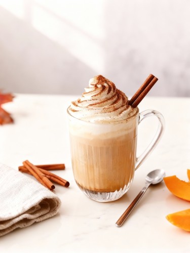Eine Tasse Pumpkin Spice Latte mit Milchschaum, Zimt und K&uuml;rbisst&uuml;cken auf einem herbstlich gedeckten Tisch.