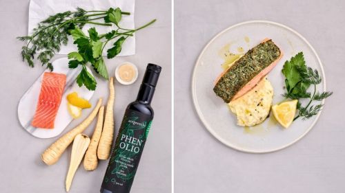 Lachs mit Kr&auml;uterkruste und Pastinakenp&uuml;ree vorher-nachher