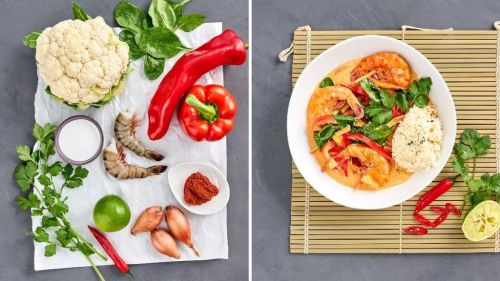 Rezept f&uuml;r Curry mit Garnelen & Blumenkohlreis