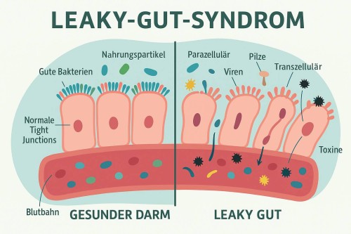 Grafische Darstellung des Leaky-Gut-Syndroms mit Darmepithelzellen, gelockerten Tight Junctions und eindringenden Toxinen