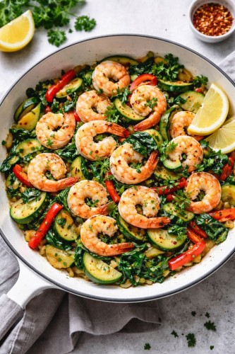 Pfanne mit gebratenen Garnelen, Zucchini, Paprika und Blattgemüse, frisch angerichtet.