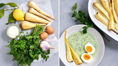 Einfaches Rezept f&uuml;r vegane gr&uuml;ne So&szlig;e mit Pastinake und Ei.