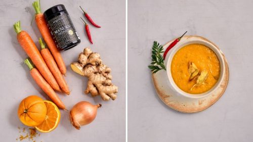 Karottencremesuppe mit Ingwer, Chili und Orange vorher-nachher