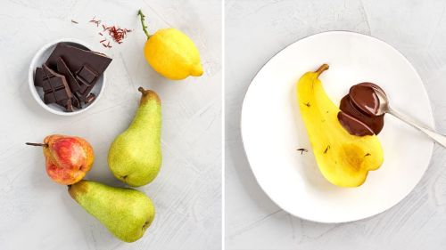 Rezept f&uuml;r Safran-Birne mit warmer Schokoladenso&szlig;e. Gesundes Dessert, RESET geeignet.