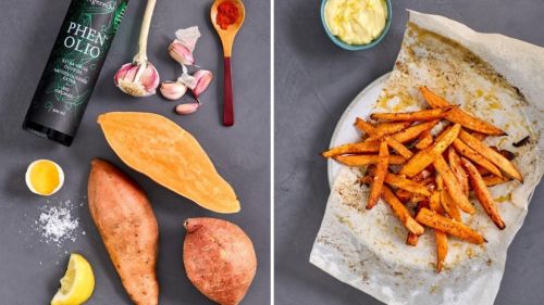 S&uuml;&szlig;kartoffel-Pommes mit Zitronen-Mayonnaise: vorher &ndash; nachher