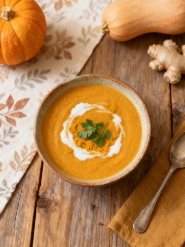 Eine Sch&uuml;ssel cremige Butternut-K&uuml;rbis-Suppe, garniert mit frischen Kr&auml;utern und einem Schuss Kokosmilch.
