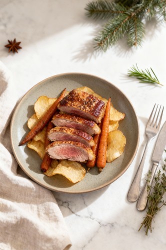 Ein Teller mit rosa gebratener Entenbrust, Zimt-Karotten und goldbraunen Petersilienwurzelchips, elegant angerichtet.
