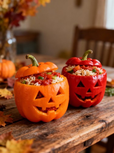 Gef&uuml;llte Paprikas im Halloween-Stil, geschnitzt wie kleine K&uuml;rbisse und mit Reis-Gem&uuml;se-Mischung gef&uuml;llt.